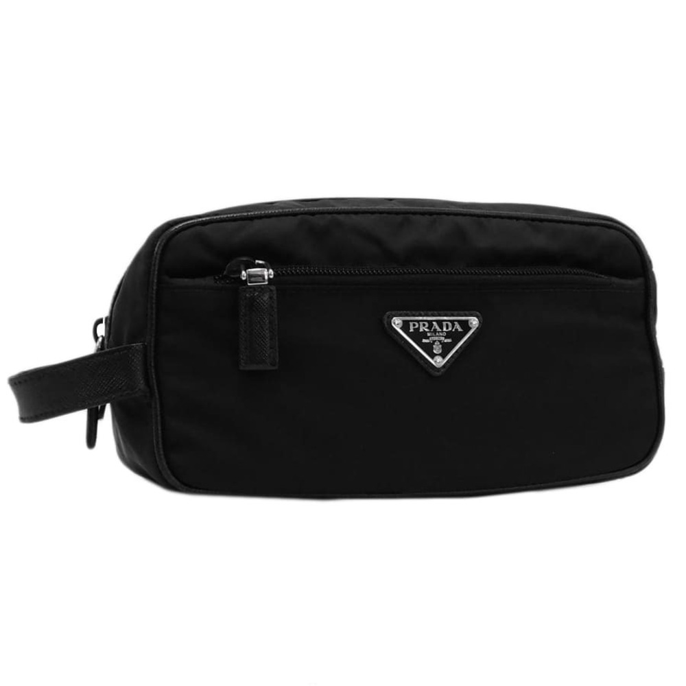 Prada Re Saffiano Leather Travel Pouch Clutch Shoulder Bag Black Handle